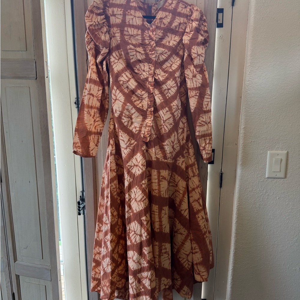 Ulla Johnson Brown and Cream Tie-Dye Long Sleeve Midi Dress